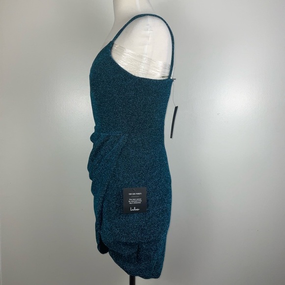 Lulus NWT Blue Metallic Asymmetrical Stretchy Bodycon Party Mini Dress - Size M - Picture 3 of 9
